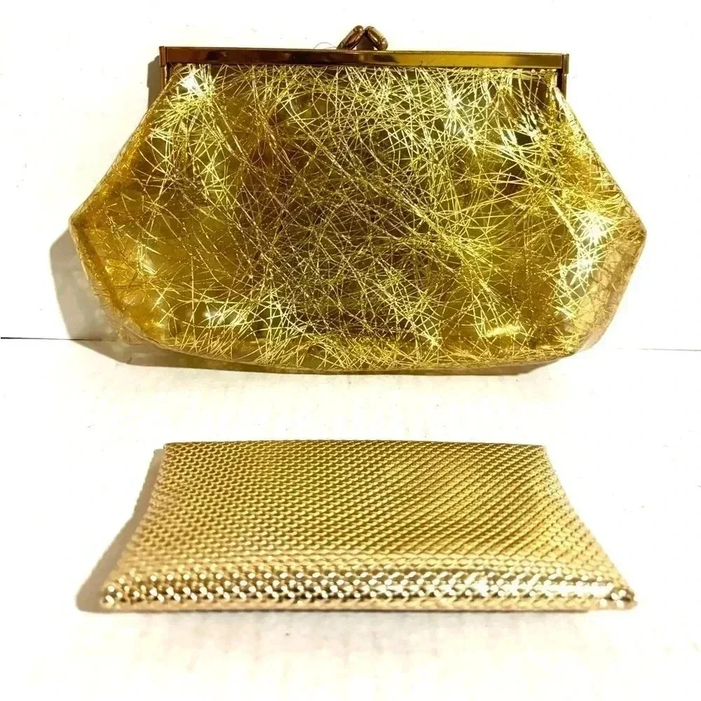 Vintage clear plastic gold inlay embroidered purse/ clutch